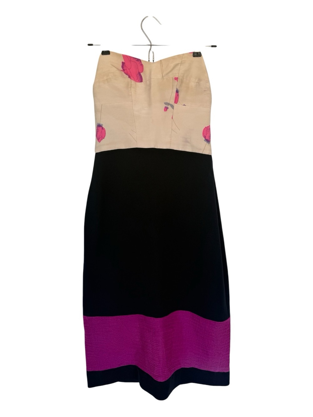 Chloe Dao Strapless Colorblock Midi Dress in Black, Cream & Pink